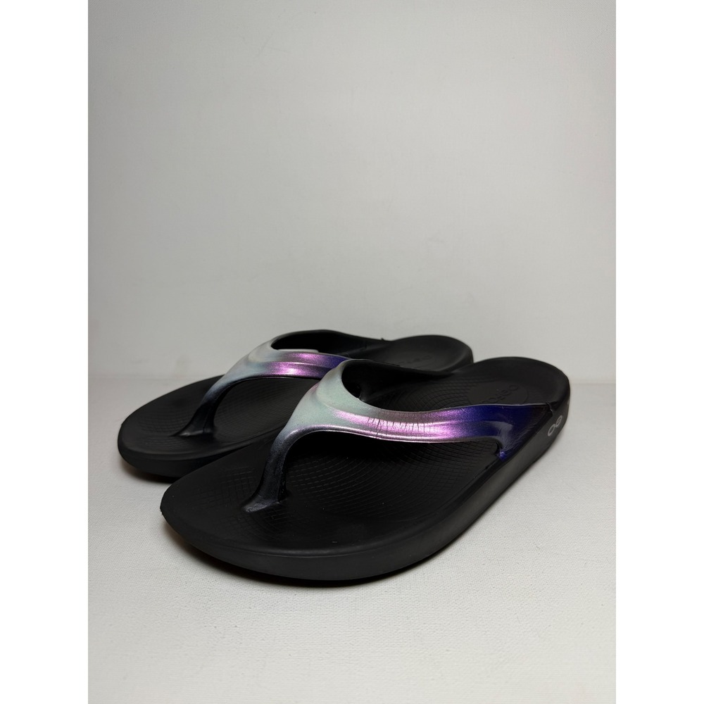 OOFOS OOlala Black Iridescent Metallic Purple Recovery Sandals Womens 7 38